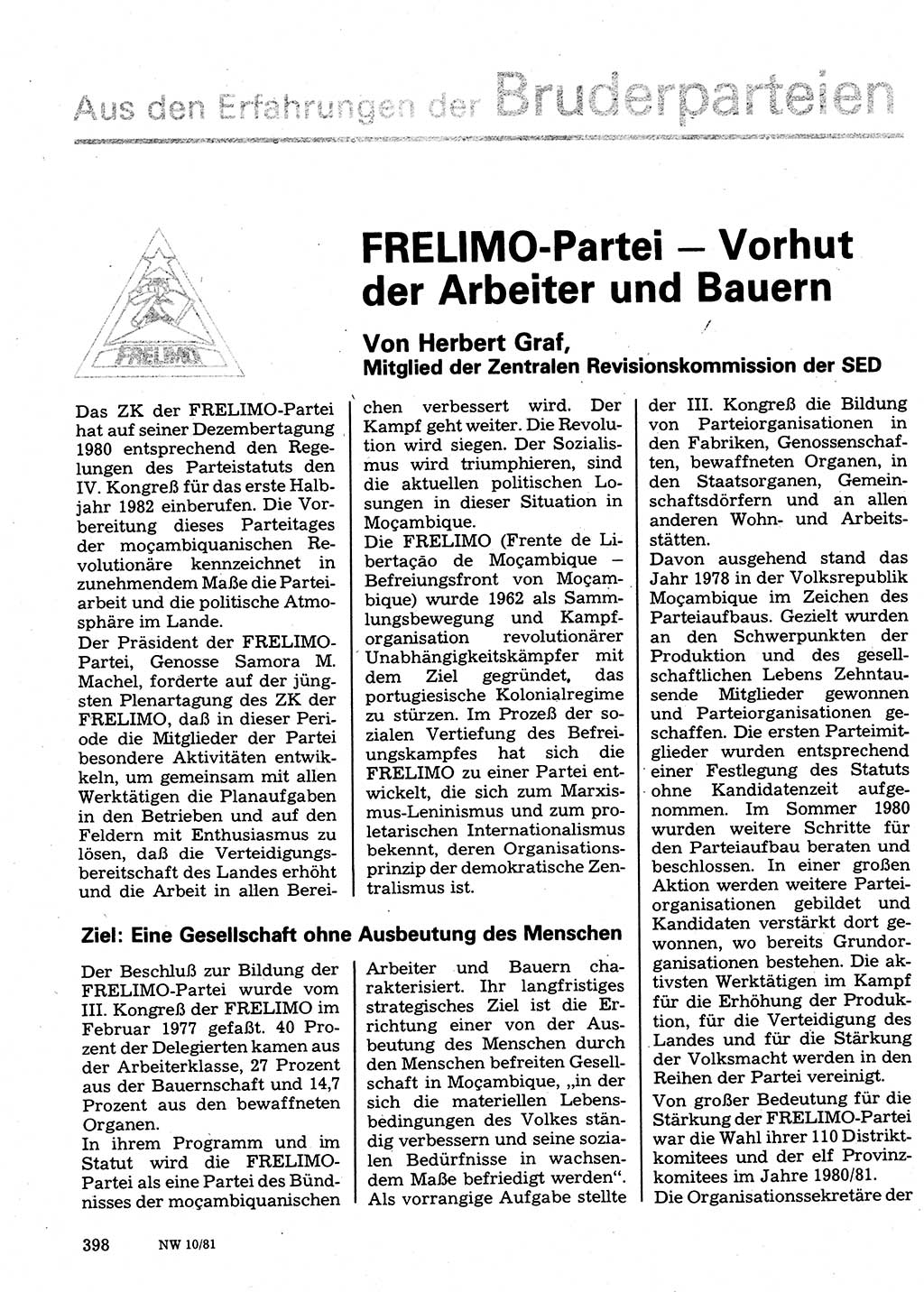 Neuer Weg (NW), Organ des Zentralkomitees (ZK) der SED (Sozialistische Einheitspartei Deutschlands) für Fragen des Parteilebens, 36. Jahrgang [Deutsche Demokratische Republik (DDR)] 1981, Seite 398 (NW ZK SED DDR 1981, S. 398)