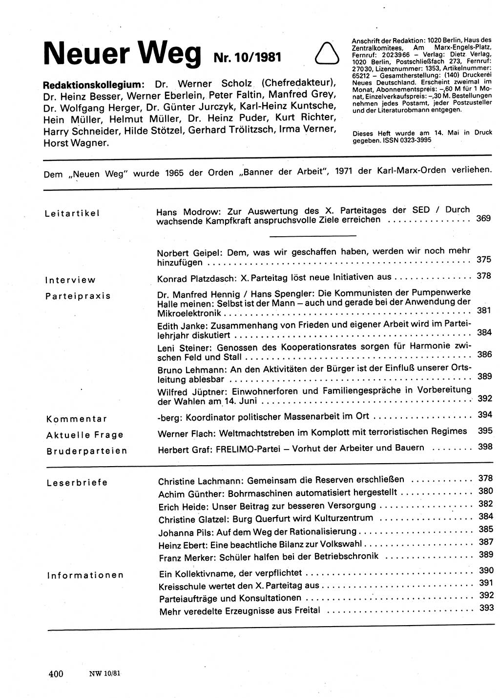 Neuer Weg (NW), Organ des Zentralkomitees (ZK) der SED (Sozialistische Einheitspartei Deutschlands) für Fragen des Parteilebens, 36. Jahrgang [Deutsche Demokratische Republik (DDR)] 1981, Seite 400 (NW ZK SED DDR 1981, S. 400)