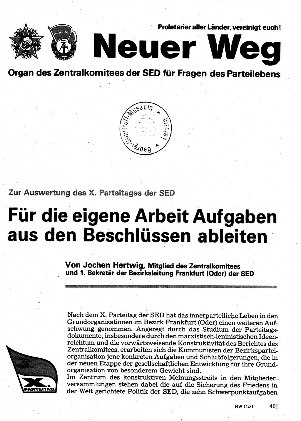 Neuer Weg (NW), Organ des Zentralkomitees (ZK) der SED (Sozialistische Einheitspartei Deutschlands) für Fragen des Parteilebens, 36. Jahrgang [Deutsche Demokratische Republik (DDR)] 1981, Seite 401 (NW ZK SED DDR 1981, S. 401)