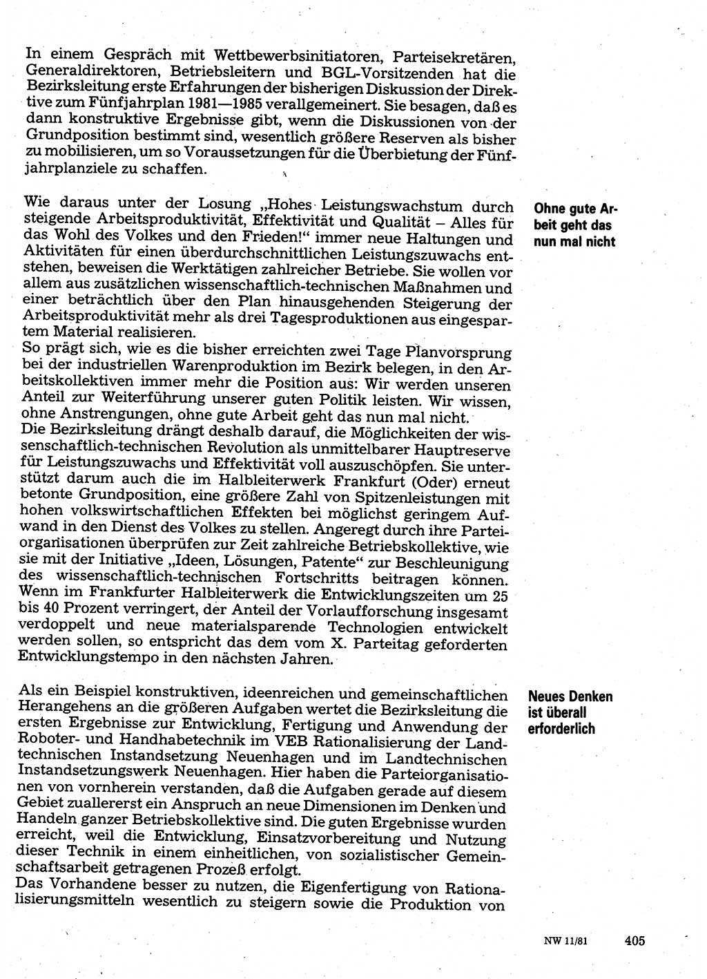 Neuer Weg (NW), Organ des Zentralkomitees (ZK) der SED (Sozialistische Einheitspartei Deutschlands) für Fragen des Parteilebens, 36. Jahrgang [Deutsche Demokratische Republik (DDR)] 1981, Seite 405 (NW ZK SED DDR 1981, S. 405)