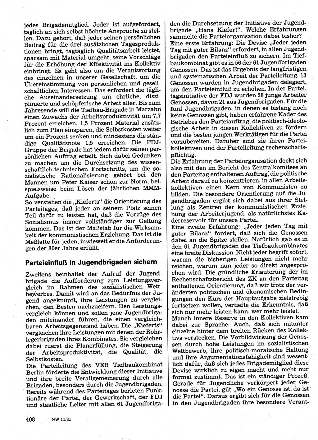 Neuer Weg (NW), Organ des Zentralkomitees (ZK) der SED (Sozialistische Einheitspartei Deutschlands) für Fragen des Parteilebens, 36. Jahrgang [Deutsche Demokratische Republik (DDR)] 1981, Seite 408 (NW ZK SED DDR 1981, S. 408)