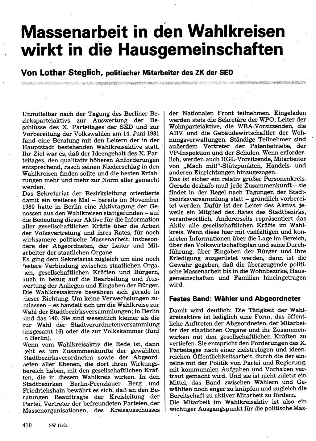 Neuer Weg (NW), Organ des Zentralkomitees (ZK) der SED (Sozialistische Einheitspartei Deutschlands) für Fragen des Parteilebens, 36. Jahrgang [Deutsche Demokratische Republik (DDR)] 1981, Seite 410 (NW ZK SED DDR 1981, S. 410)