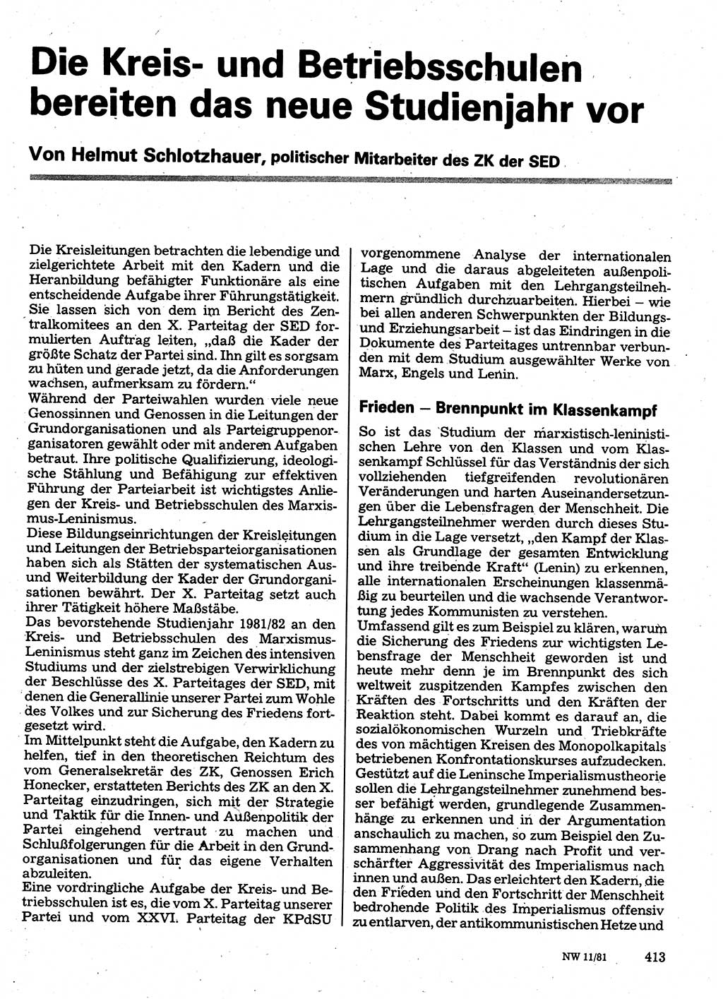 Neuer Weg (NW), Organ des Zentralkomitees (ZK) der SED (Sozialistische Einheitspartei Deutschlands) für Fragen des Parteilebens, 36. Jahrgang [Deutsche Demokratische Republik (DDR)] 1981, Seite 413 (NW ZK SED DDR 1981, S. 413)