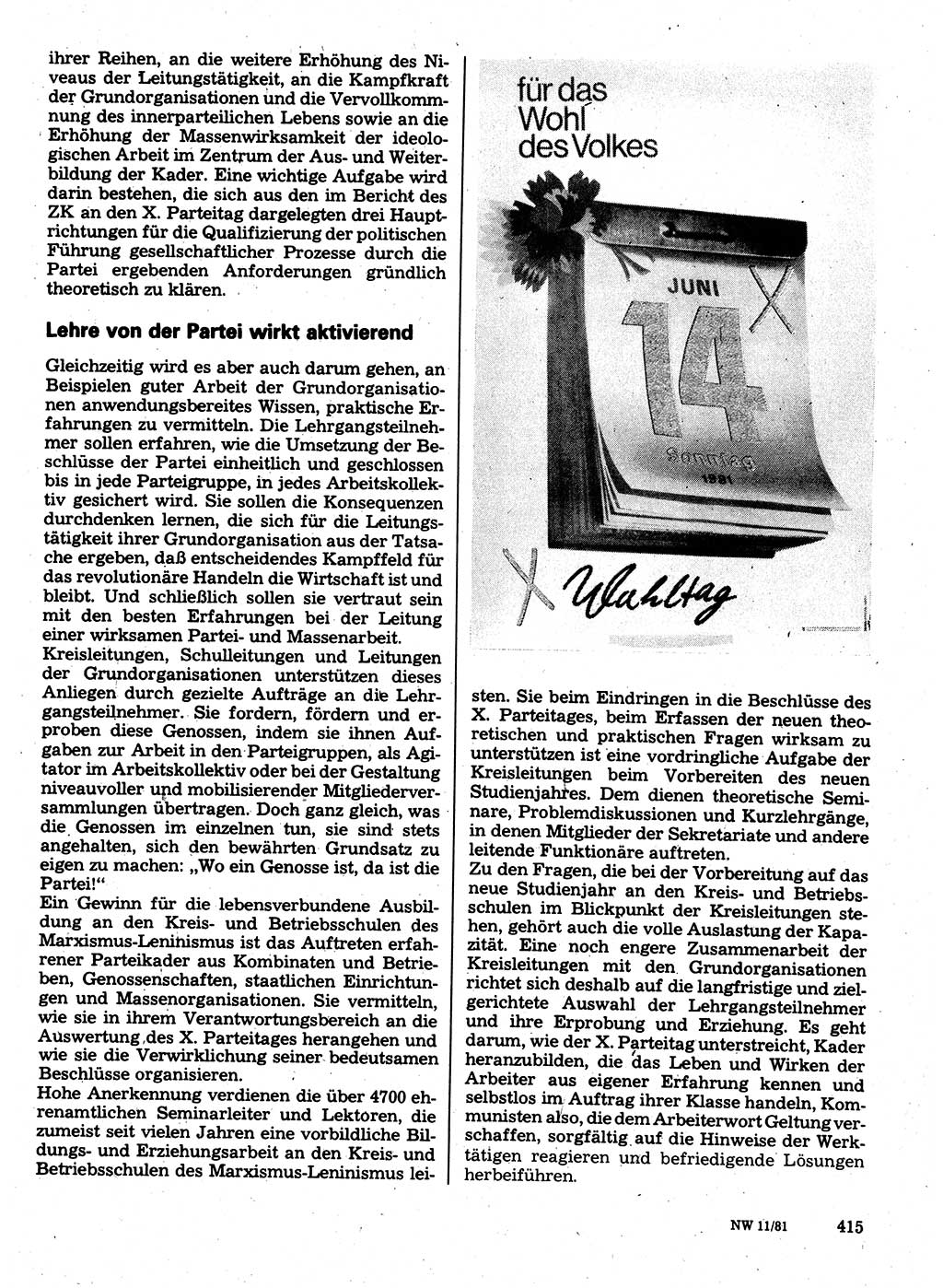 Neuer Weg (NW), Organ des Zentralkomitees (ZK) der SED (Sozialistische Einheitspartei Deutschlands) für Fragen des Parteilebens, 36. Jahrgang [Deutsche Demokratische Republik (DDR)] 1981, Seite 415 (NW ZK SED DDR 1981, S. 415)