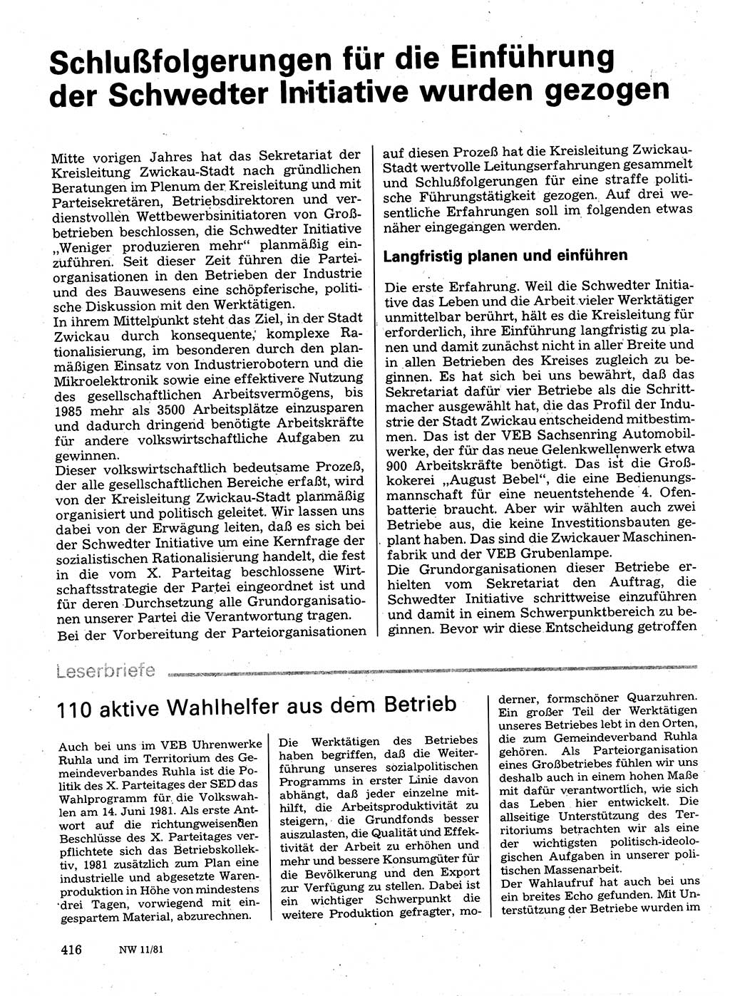 Neuer Weg (NW), Organ des Zentralkomitees (ZK) der SED (Sozialistische Einheitspartei Deutschlands) für Fragen des Parteilebens, 36. Jahrgang [Deutsche Demokratische Republik (DDR)] 1981, Seite 416 (NW ZK SED DDR 1981, S. 416)