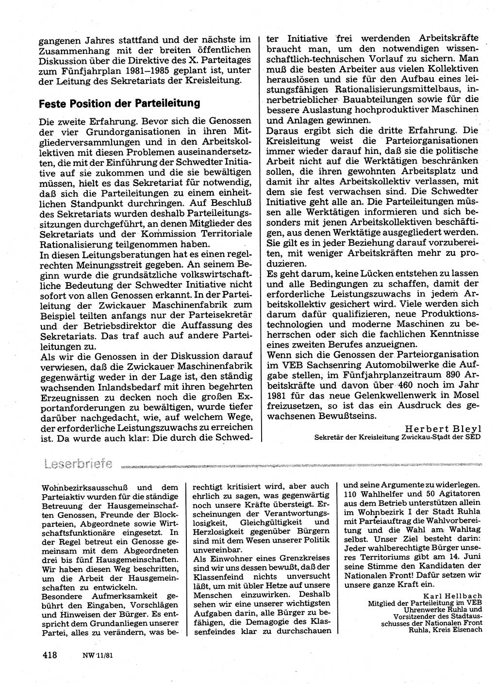 Neuer Weg (NW), Organ des Zentralkomitees (ZK) der SED (Sozialistische Einheitspartei Deutschlands) für Fragen des Parteilebens, 36. Jahrgang [Deutsche Demokratische Republik (DDR)] 1981, Seite 418 (NW ZK SED DDR 1981, S. 418)