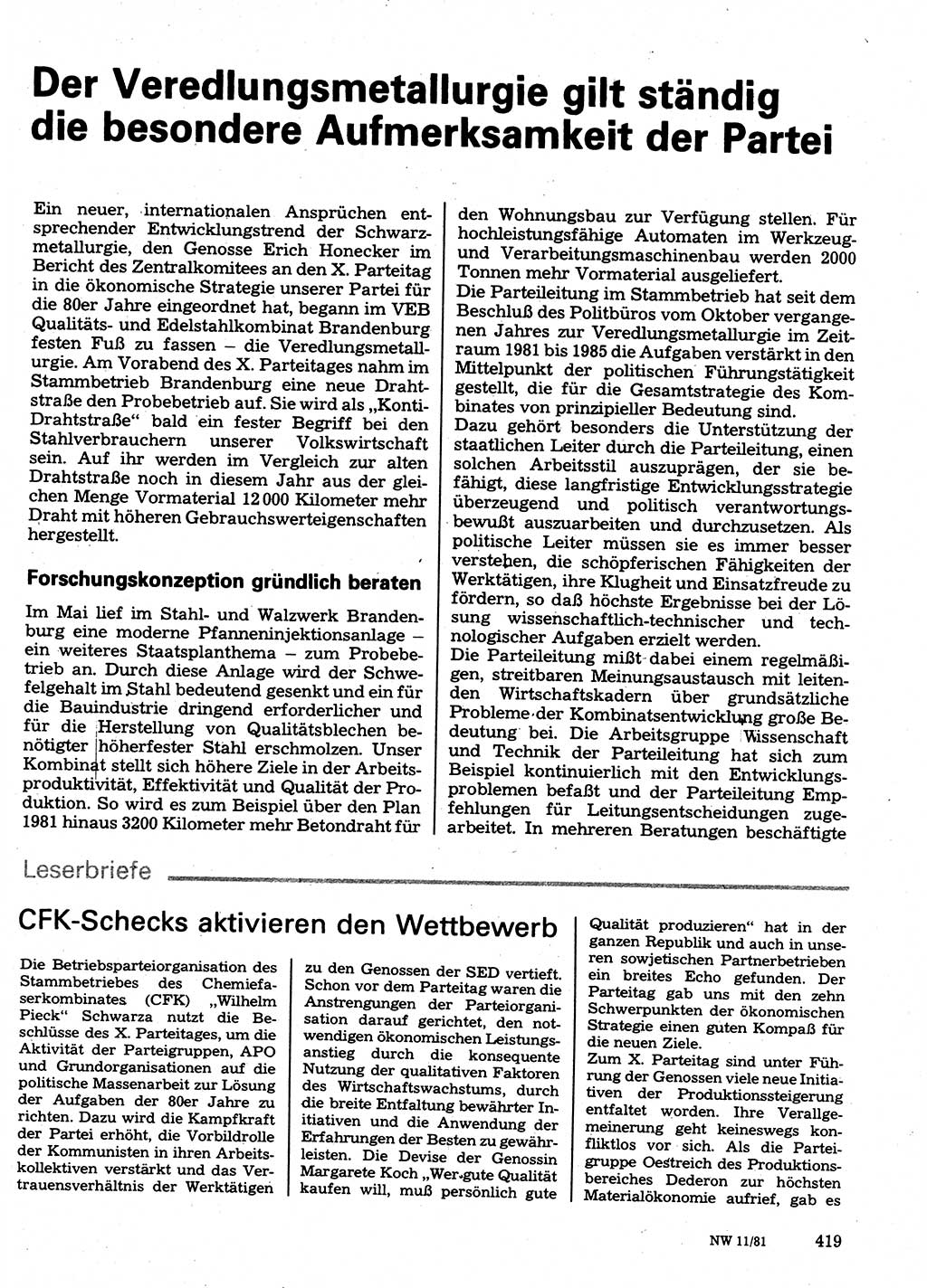 Neuer Weg (NW), Organ des Zentralkomitees (ZK) der SED (Sozialistische Einheitspartei Deutschlands) für Fragen des Parteilebens, 36. Jahrgang [Deutsche Demokratische Republik (DDR)] 1981, Seite 419 (NW ZK SED DDR 1981, S. 419)