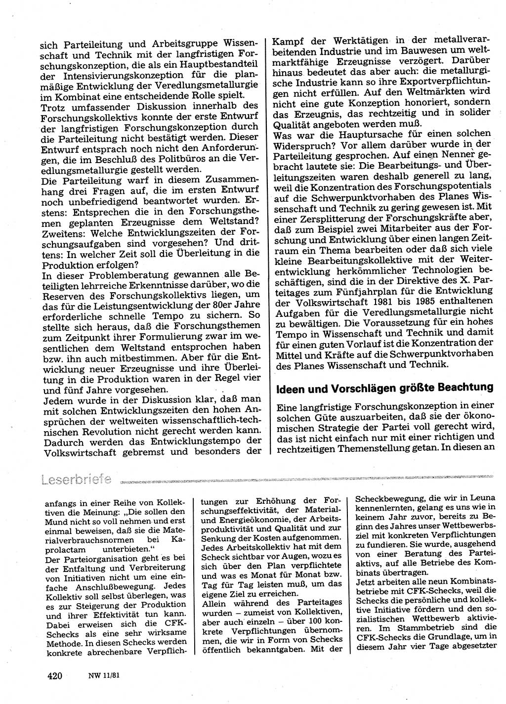 Neuer Weg (NW), Organ des Zentralkomitees (ZK) der SED (Sozialistische Einheitspartei Deutschlands) für Fragen des Parteilebens, 36. Jahrgang [Deutsche Demokratische Republik (DDR)] 1981, Seite 420 (NW ZK SED DDR 1981, S. 420)