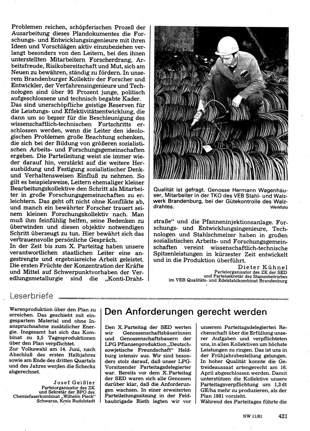 Neuer Weg (NW), Organ des Zentralkomitees (ZK) der SED (Sozialistische Einheitspartei Deutschlands) für Fragen des Parteilebens, 36. Jahrgang [Deutsche Demokratische Republik (DDR)] 1981, Seite 421 (NW ZK SED DDR 1981, S. 421)