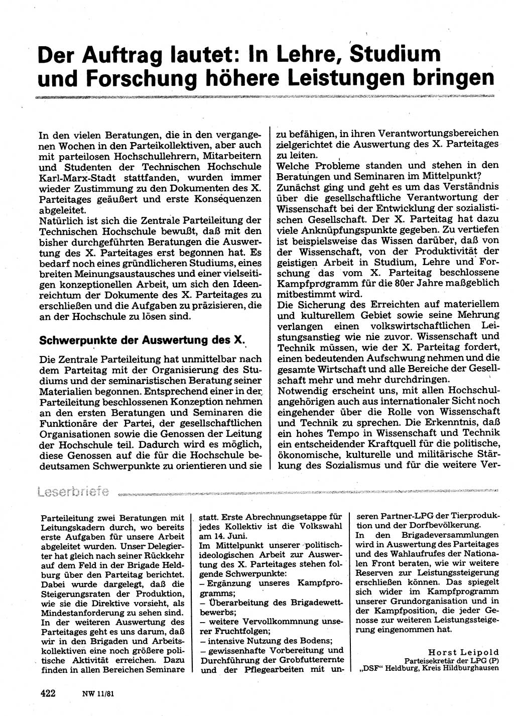 Neuer Weg (NW), Organ des Zentralkomitees (ZK) der SED (Sozialistische Einheitspartei Deutschlands) für Fragen des Parteilebens, 36. Jahrgang [Deutsche Demokratische Republik (DDR)] 1981, Seite 422 (NW ZK SED DDR 1981, S. 422)