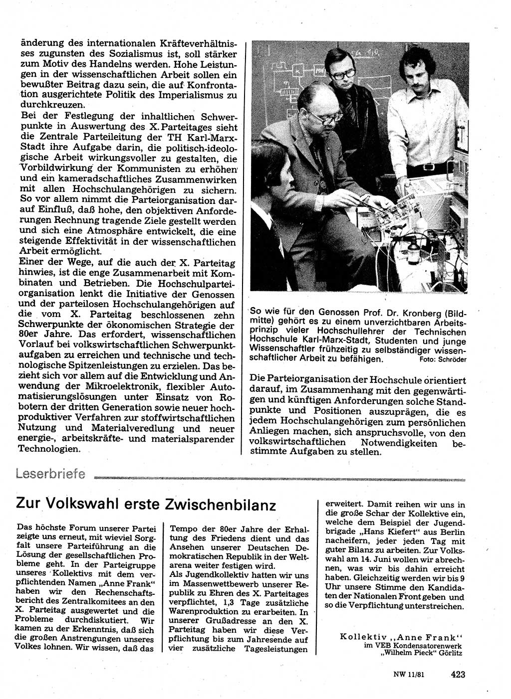 Neuer Weg (NW), Organ des Zentralkomitees (ZK) der SED (Sozialistische Einheitspartei Deutschlands) für Fragen des Parteilebens, 36. Jahrgang [Deutsche Demokratische Republik (DDR)] 1981, Seite 423 (NW ZK SED DDR 1981, S. 423)