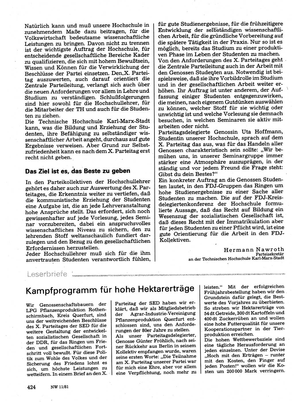 Neuer Weg (NW), Organ des Zentralkomitees (ZK) der SED (Sozialistische Einheitspartei Deutschlands) für Fragen des Parteilebens, 36. Jahrgang [Deutsche Demokratische Republik (DDR)] 1981, Seite 424 (NW ZK SED DDR 1981, S. 424)