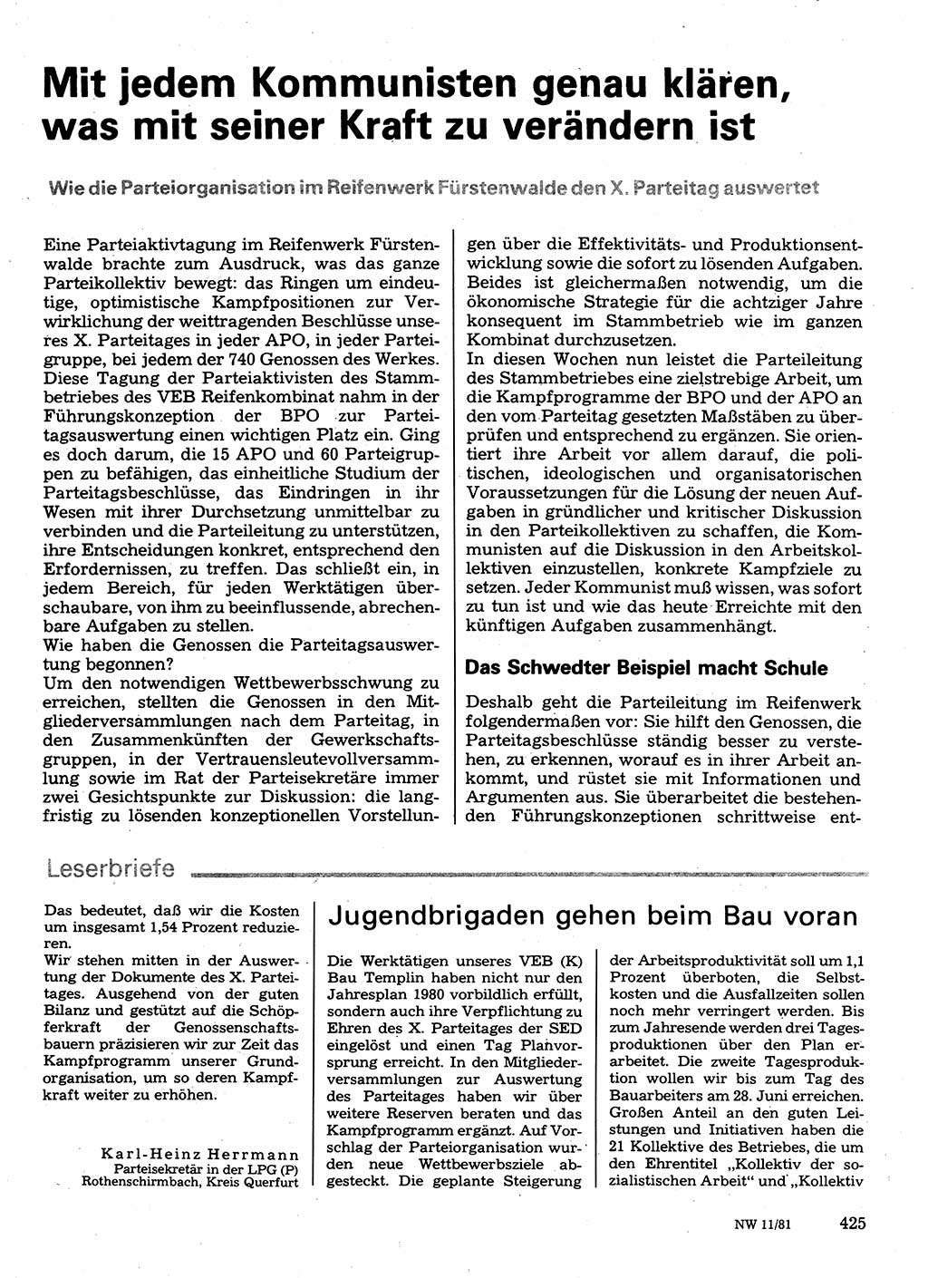 Neuer Weg (NW), Organ des Zentralkomitees (ZK) der SED (Sozialistische Einheitspartei Deutschlands) für Fragen des Parteilebens, 36. Jahrgang [Deutsche Demokratische Republik (DDR)] 1981, Seite 425 (NW ZK SED DDR 1981, S. 425)