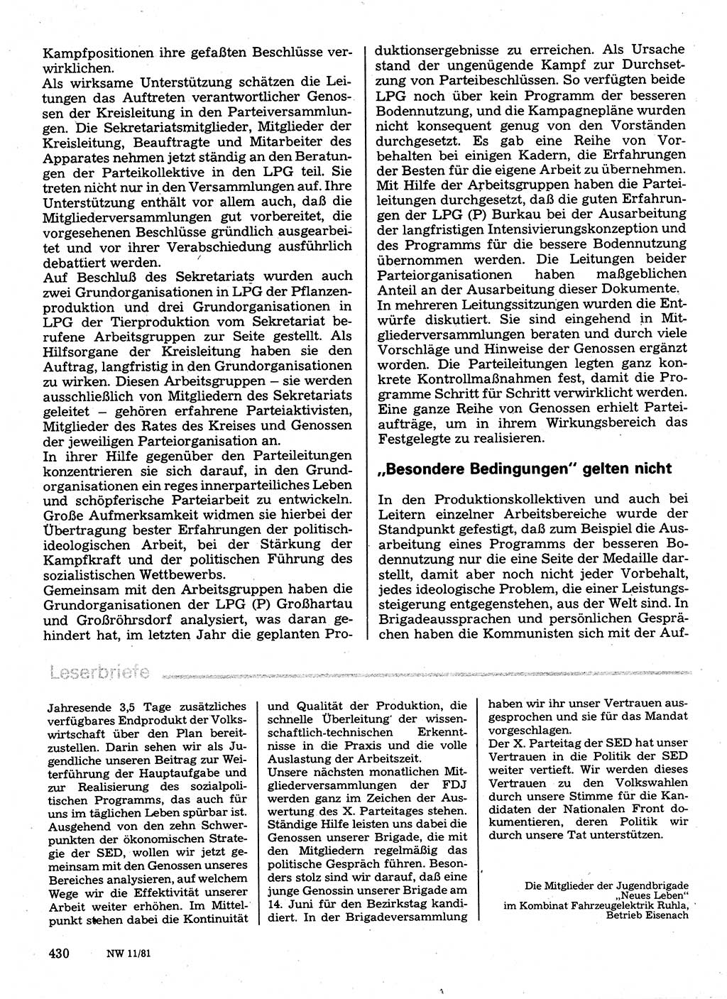 Neuer Weg (NW), Organ des Zentralkomitees (ZK) der SED (Sozialistische Einheitspartei Deutschlands) für Fragen des Parteilebens, 36. Jahrgang [Deutsche Demokratische Republik (DDR)] 1981, Seite 430 (NW ZK SED DDR 1981, S. 430)