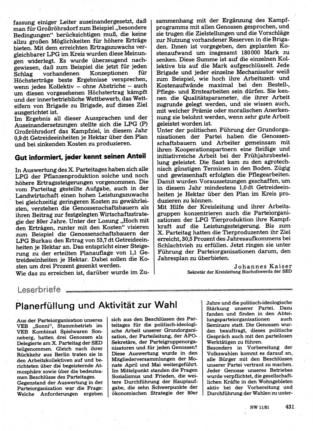 Neuer Weg (NW), Organ des Zentralkomitees (ZK) der SED (Sozialistische Einheitspartei Deutschlands) für Fragen des Parteilebens, 36. Jahrgang [Deutsche Demokratische Republik (DDR)] 1981, Seite 431 (NW ZK SED DDR 1981, S. 431)