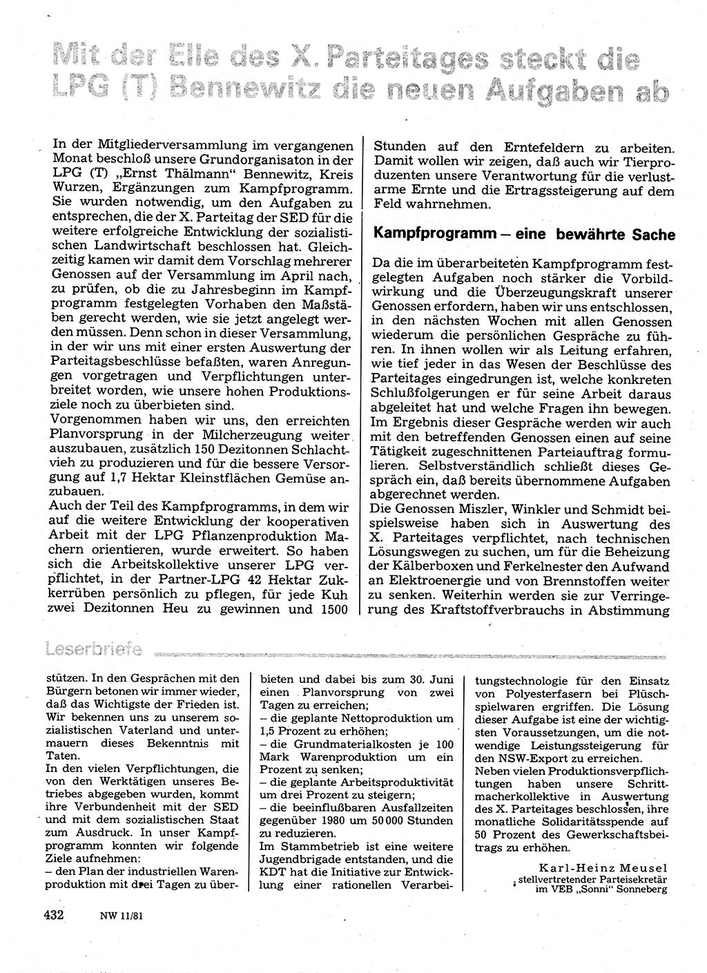 Neuer Weg (NW), Organ des Zentralkomitees (ZK) der SED (Sozialistische Einheitspartei Deutschlands) für Fragen des Parteilebens, 36. Jahrgang [Deutsche Demokratische Republik (DDR)] 1981, Seite 432 (NW ZK SED DDR 1981, S. 432)