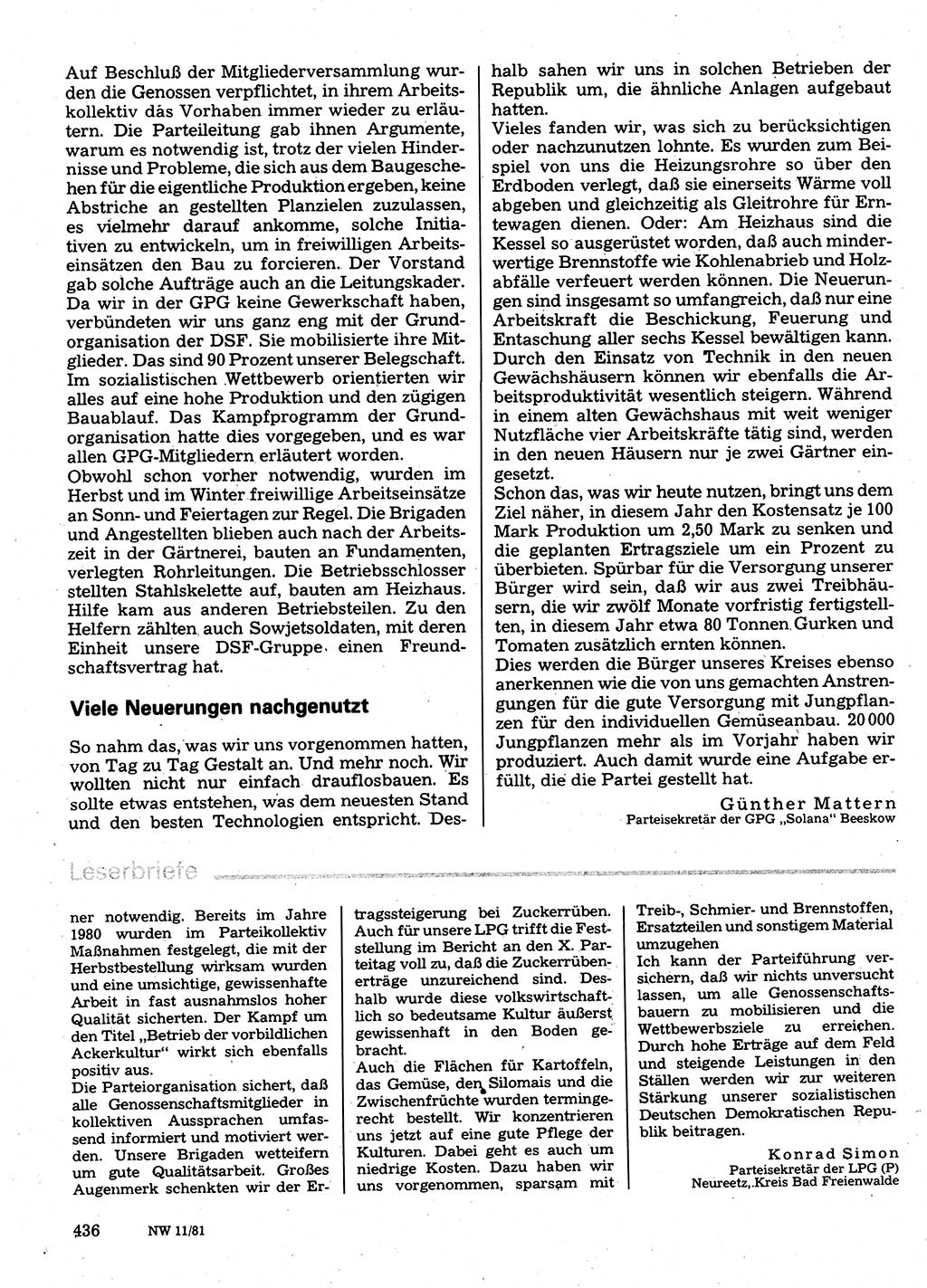 Neuer Weg (NW), Organ des Zentralkomitees (ZK) der SED (Sozialistische Einheitspartei Deutschlands) für Fragen des Parteilebens, 36. Jahrgang [Deutsche Demokratische Republik (DDR)] 1981, Seite 436 (NW ZK SED DDR 1981, S. 436)