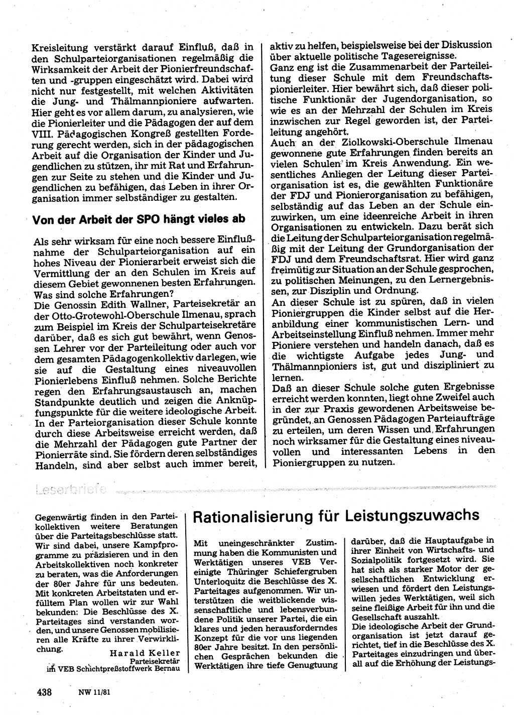 Neuer Weg (NW), Organ des Zentralkomitees (ZK) der SED (Sozialistische Einheitspartei Deutschlands) für Fragen des Parteilebens, 36. Jahrgang [Deutsche Demokratische Republik (DDR)] 1981, Seite 438 (NW ZK SED DDR 1981, S. 438)