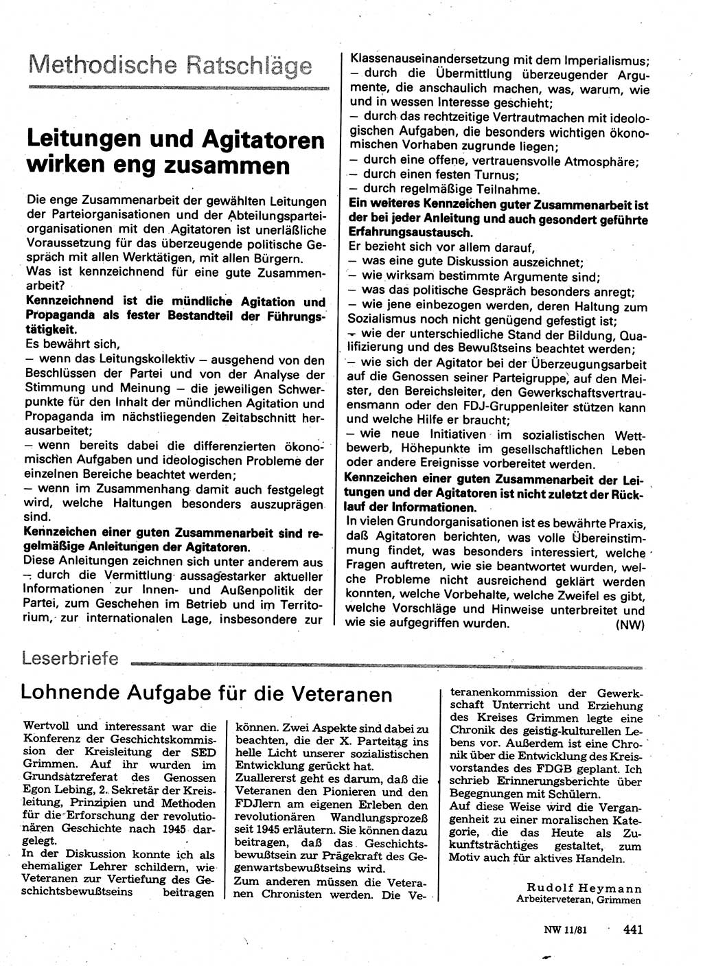 Neuer Weg (NW), Organ des Zentralkomitees (ZK) der SED (Sozialistische Einheitspartei Deutschlands) für Fragen des Parteilebens, 36. Jahrgang [Deutsche Demokratische Republik (DDR)] 1981, Seite 441 (NW ZK SED DDR 1981, S. 441)