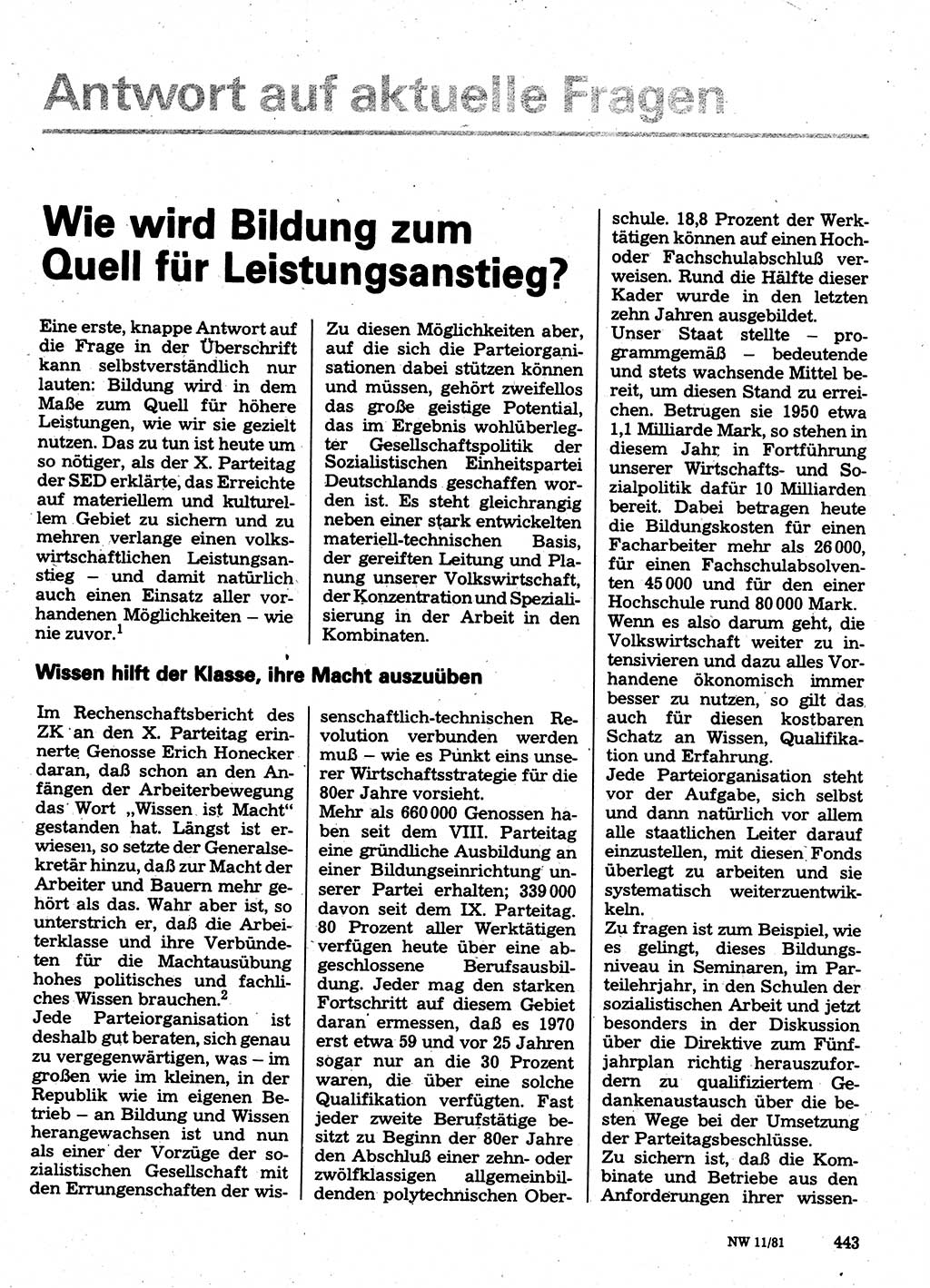 Neuer Weg (NW), Organ des Zentralkomitees (ZK) der SED (Sozialistische Einheitspartei Deutschlands) für Fragen des Parteilebens, 36. Jahrgang [Deutsche Demokratische Republik (DDR)] 1981, Seite 443 (NW ZK SED DDR 1981, S. 443)