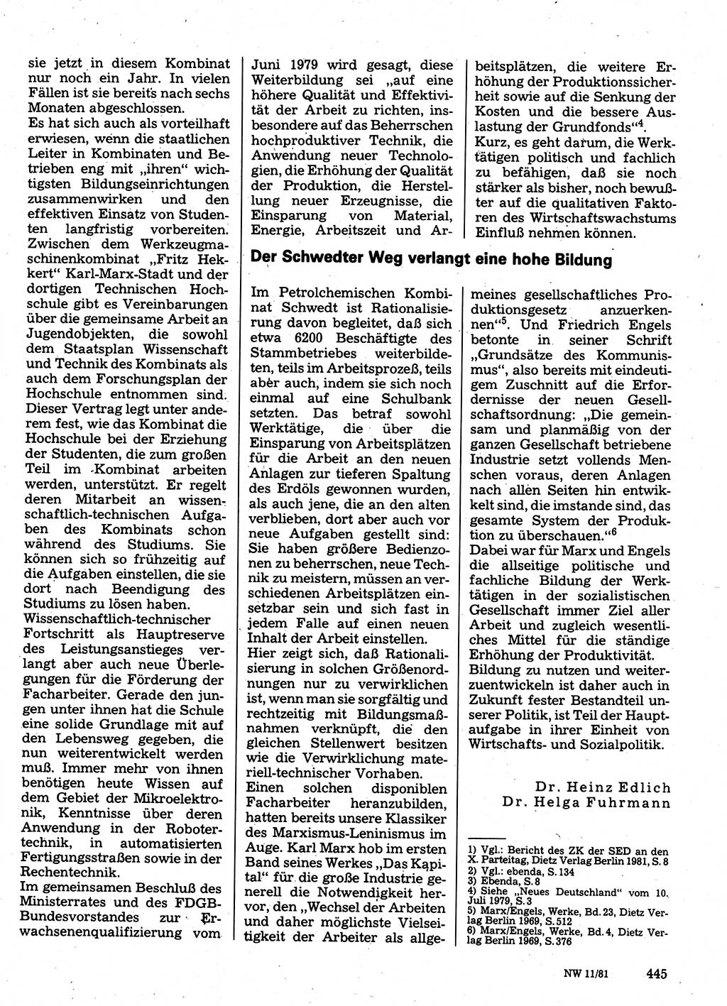Neuer Weg (NW), Organ des Zentralkomitees (ZK) der SED (Sozialistische Einheitspartei Deutschlands) für Fragen des Parteilebens, 36. Jahrgang [Deutsche Demokratische Republik (DDR)] 1981, Seite 445 (NW ZK SED DDR 1981, S. 445)