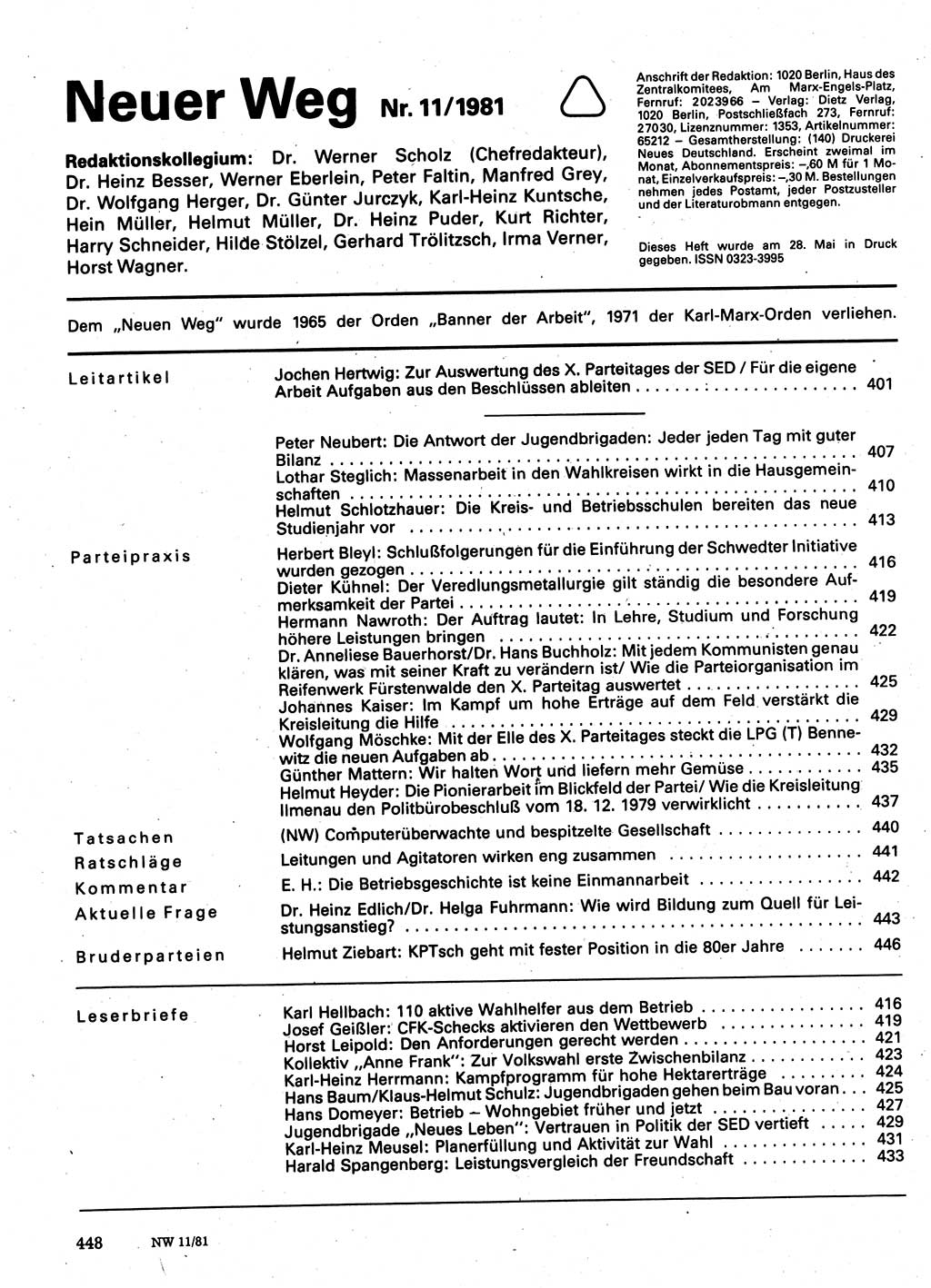 Neuer Weg (NW), Organ des Zentralkomitees (ZK) der SED (Sozialistische Einheitspartei Deutschlands) für Fragen des Parteilebens, 36. Jahrgang [Deutsche Demokratische Republik (DDR)] 1981, Seite 448 (NW ZK SED DDR 1981, S. 448)