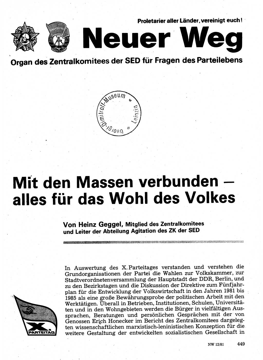 Neuer Weg (NW), Organ des Zentralkomitees (ZK) der SED (Sozialistische Einheitspartei Deutschlands) für Fragen des Parteilebens, 36. Jahrgang [Deutsche Demokratische Republik (DDR)] 1981, Seite 449 (NW ZK SED DDR 1981, S. 449)