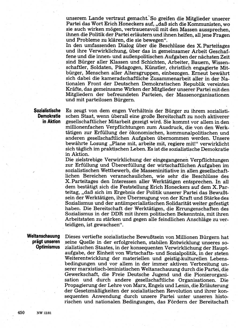 Neuer Weg (NW), Organ des Zentralkomitees (ZK) der SED (Sozialistische Einheitspartei Deutschlands) für Fragen des Parteilebens, 36. Jahrgang [Deutsche Demokratische Republik (DDR)] 1981, Seite 450 (NW ZK SED DDR 1981, S. 450)