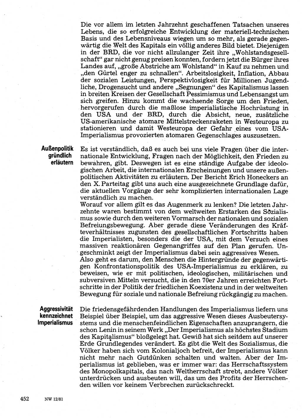 Neuer Weg (NW), Organ des Zentralkomitees (ZK) der SED (Sozialistische Einheitspartei Deutschlands) für Fragen des Parteilebens, 36. Jahrgang [Deutsche Demokratische Republik (DDR)] 1981, Seite 452 (NW ZK SED DDR 1981, S. 452)