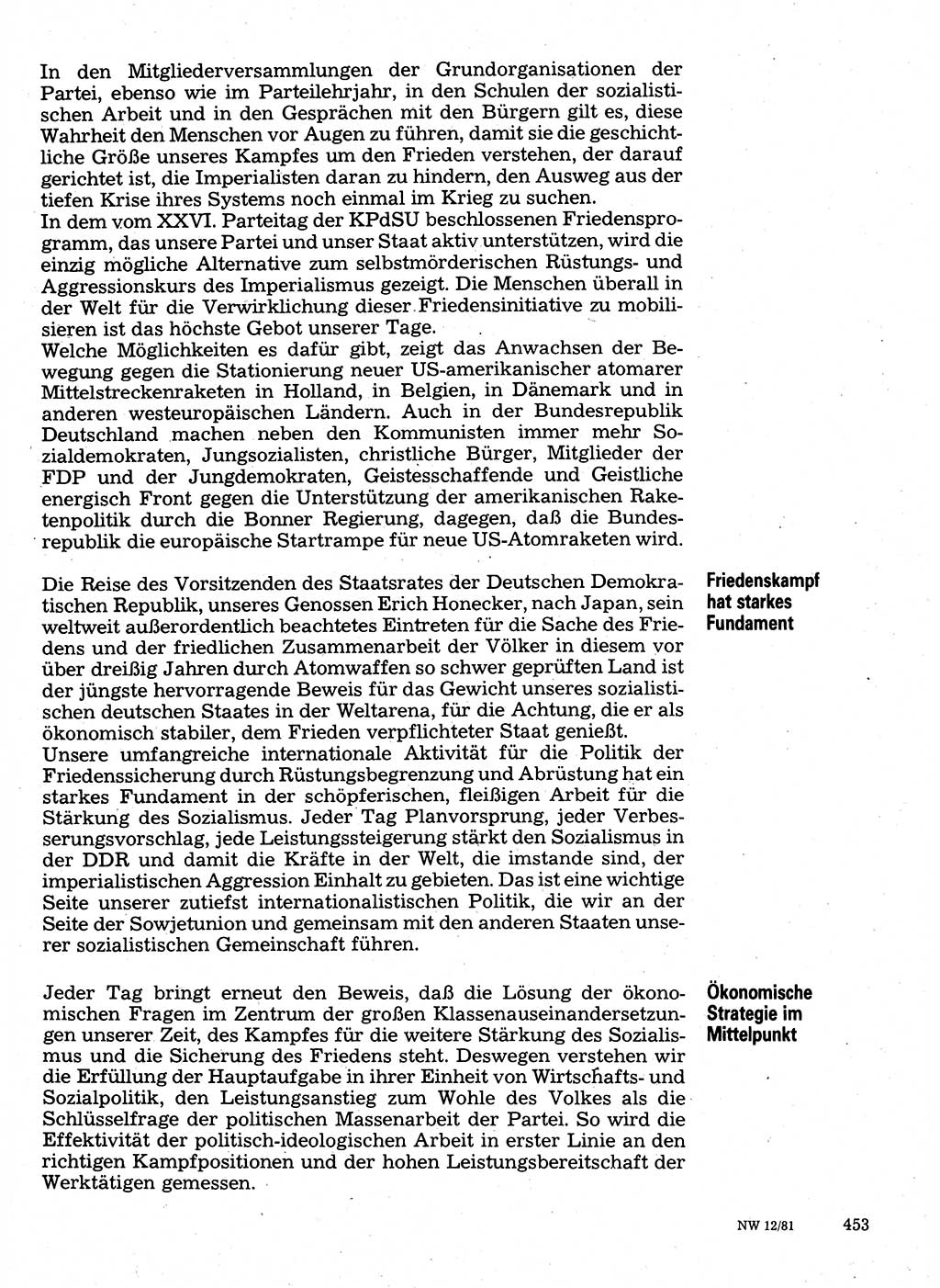 Neuer Weg (NW), Organ des Zentralkomitees (ZK) der SED (Sozialistische Einheitspartei Deutschlands) für Fragen des Parteilebens, 36. Jahrgang [Deutsche Demokratische Republik (DDR)] 1981, Seite 453 (NW ZK SED DDR 1981, S. 453)