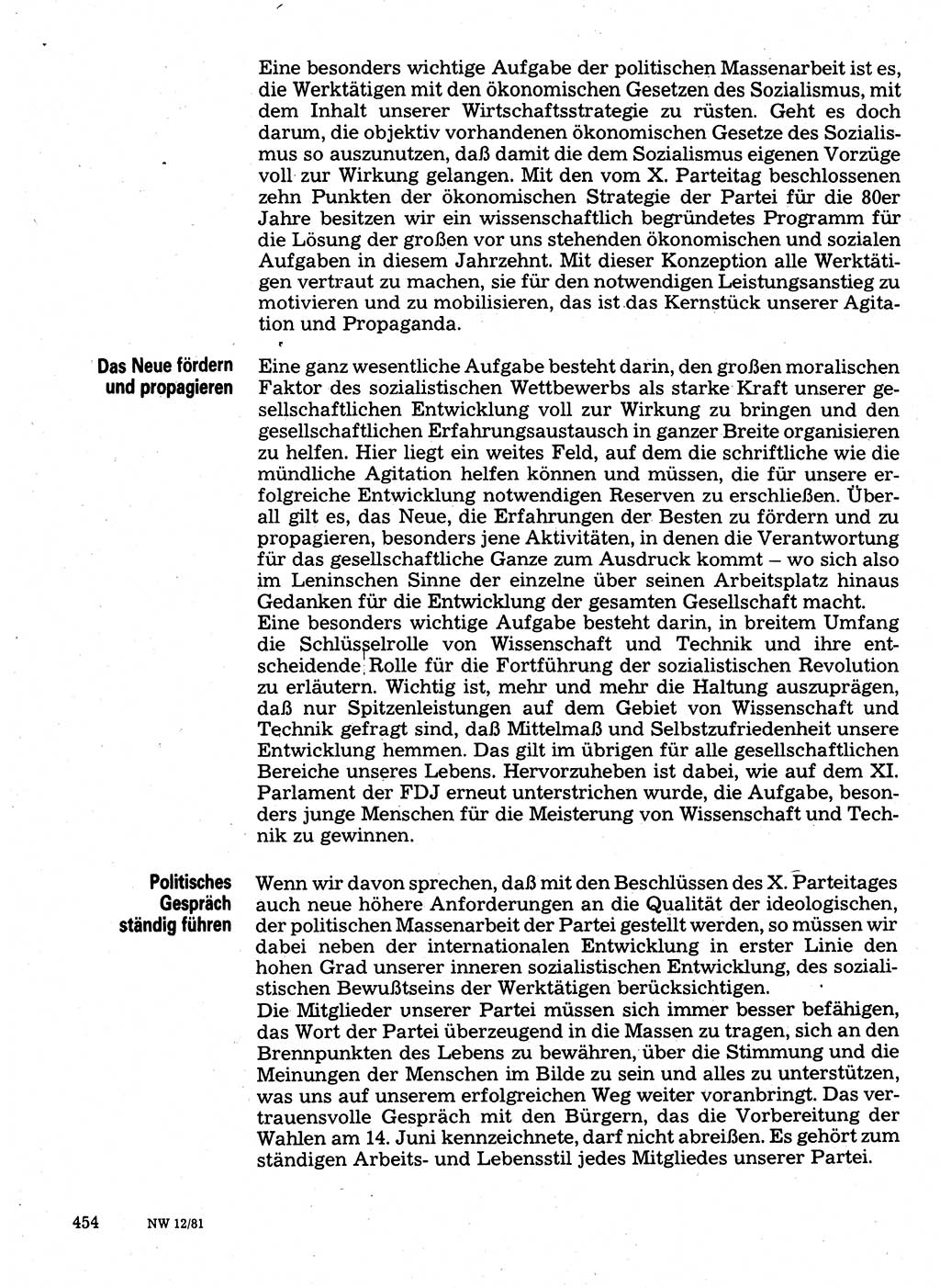Neuer Weg (NW), Organ des Zentralkomitees (ZK) der SED (Sozialistische Einheitspartei Deutschlands) für Fragen des Parteilebens, 36. Jahrgang [Deutsche Demokratische Republik (DDR)] 1981, Seite 454 (NW ZK SED DDR 1981, S. 454)