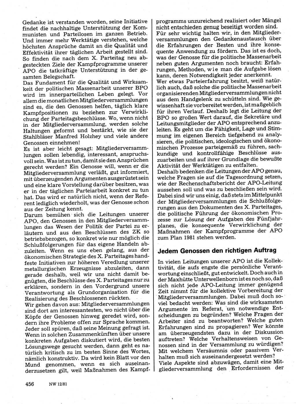 Neuer Weg (NW), Organ des Zentralkomitees (ZK) der SED (Sozialistische Einheitspartei Deutschlands) für Fragen des Parteilebens, 36. Jahrgang [Deutsche Demokratische Republik (DDR)] 1981, Seite 456 (NW ZK SED DDR 1981, S. 456)