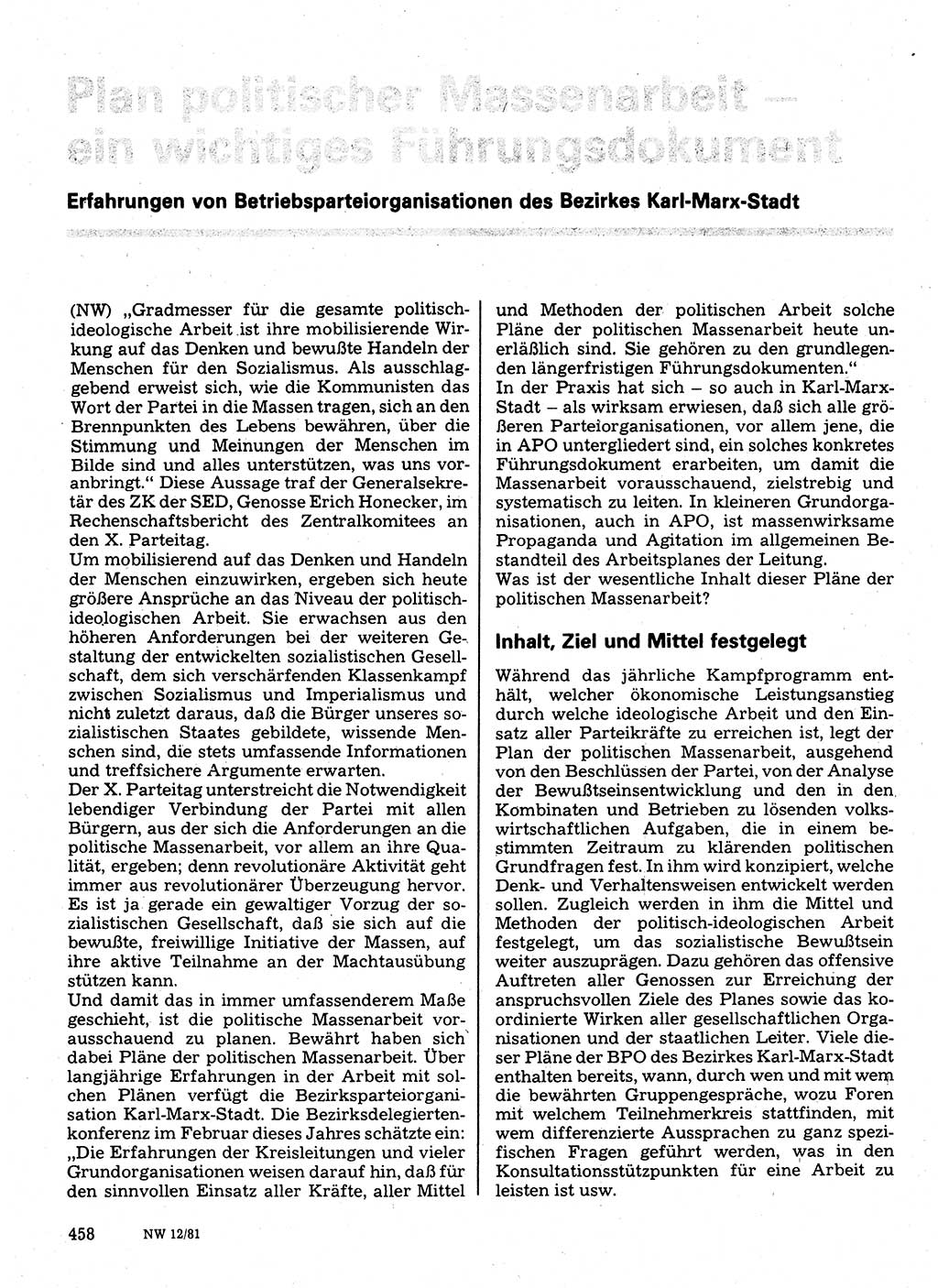 Neuer Weg (NW), Organ des Zentralkomitees (ZK) der SED (Sozialistische Einheitspartei Deutschlands) für Fragen des Parteilebens, 36. Jahrgang [Deutsche Demokratische Republik (DDR)] 1981, Seite 458 (NW ZK SED DDR 1981, S. 458)