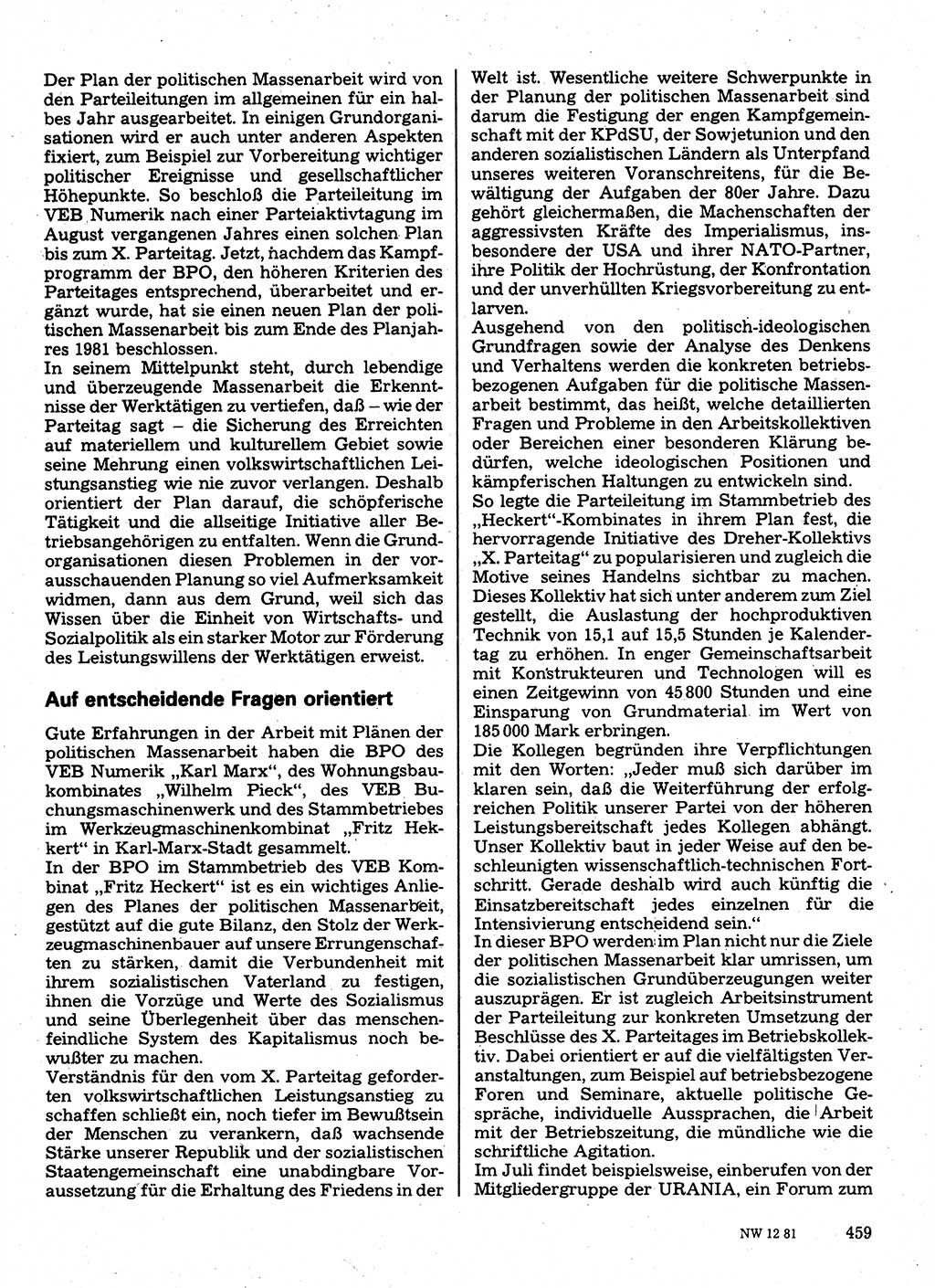 Neuer Weg (NW), Organ des Zentralkomitees (ZK) der SED (Sozialistische Einheitspartei Deutschlands) für Fragen des Parteilebens, 36. Jahrgang [Deutsche Demokratische Republik (DDR)] 1981, Seite 459 (NW ZK SED DDR 1981, S. 459)