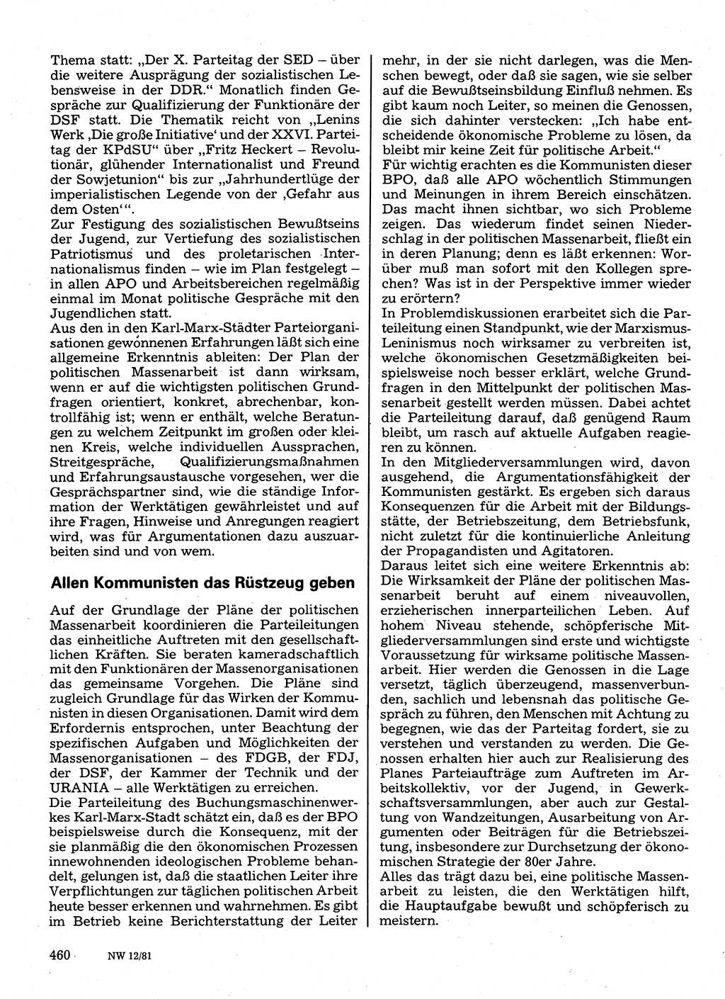 Neuer Weg (NW), Organ des Zentralkomitees (ZK) der SED (Sozialistische Einheitspartei Deutschlands) für Fragen des Parteilebens, 36. Jahrgang [Deutsche Demokratische Republik (DDR)] 1981, Seite 460 (NW ZK SED DDR 1981, S. 460)