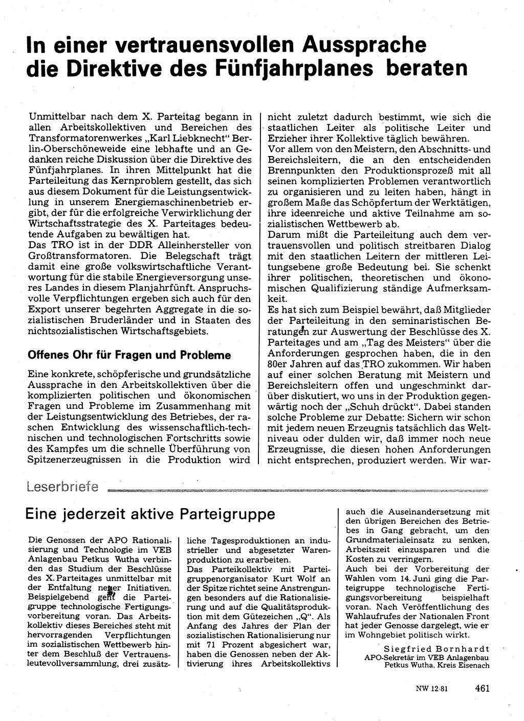 Neuer Weg (NW), Organ des Zentralkomitees (ZK) der SED (Sozialistische Einheitspartei Deutschlands) für Fragen des Parteilebens, 36. Jahrgang [Deutsche Demokratische Republik (DDR)] 1981, Seite 461 (NW ZK SED DDR 1981, S. 461)