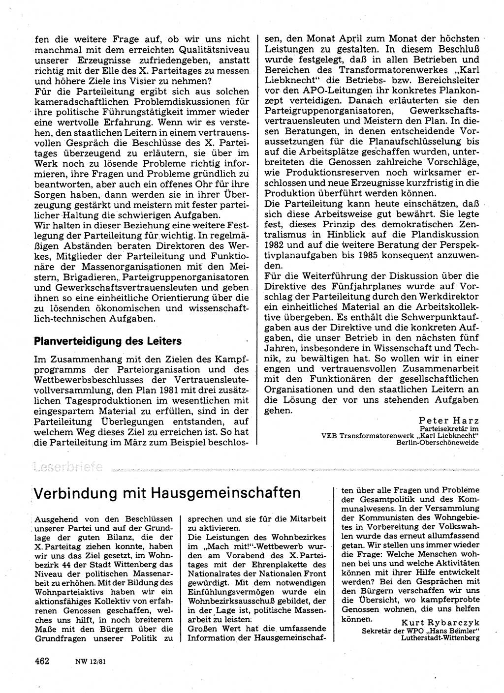 Neuer Weg (NW), Organ des Zentralkomitees (ZK) der SED (Sozialistische Einheitspartei Deutschlands) für Fragen des Parteilebens, 36. Jahrgang [Deutsche Demokratische Republik (DDR)] 1981, Seite 462 (NW ZK SED DDR 1981, S. 462)