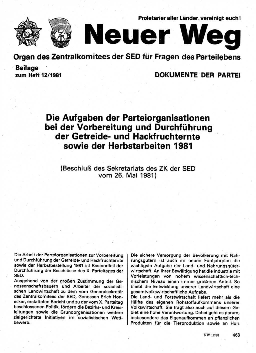 Neuer Weg (NW), Organ des Zentralkomitees (ZK) der SED (Sozialistische Einheitspartei Deutschlands) für Fragen des Parteilebens, 36. Jahrgang [Deutsche Demokratische Republik (DDR)] 1981, Seite 463 (NW ZK SED DDR 1981, S. 463)