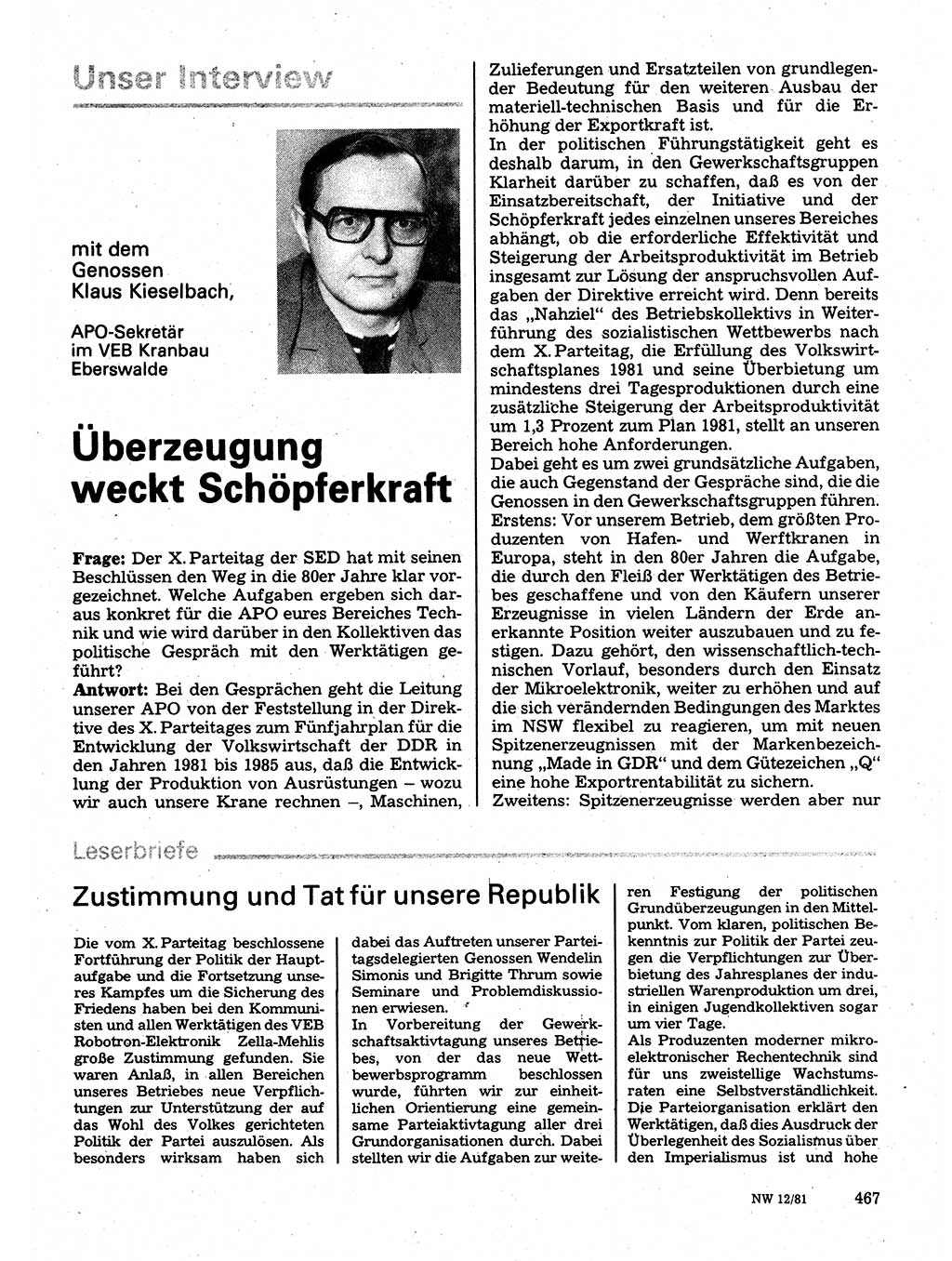 Neuer Weg (NW), Organ des Zentralkomitees (ZK) der SED (Sozialistische Einheitspartei Deutschlands) für Fragen des Parteilebens, 36. Jahrgang [Deutsche Demokratische Republik (DDR)] 1981, Seite 467 (NW ZK SED DDR 1981, S. 467)