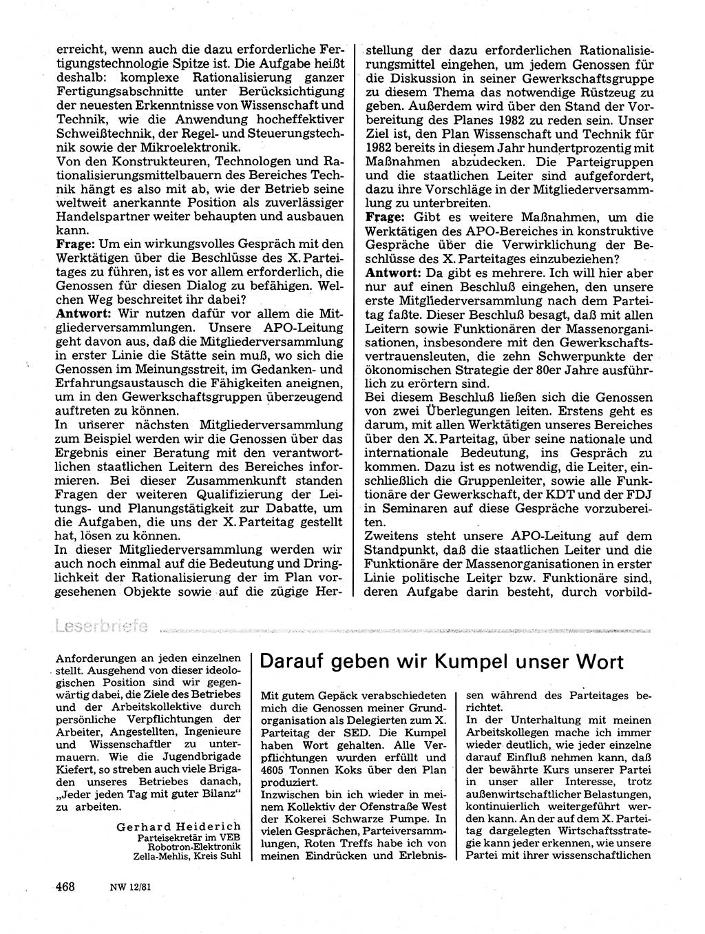 Neuer Weg (NW), Organ des Zentralkomitees (ZK) der SED (Sozialistische Einheitspartei Deutschlands) für Fragen des Parteilebens, 36. Jahrgang [Deutsche Demokratische Republik (DDR)] 1981, Seite 468 (NW ZK SED DDR 1981, S. 468)