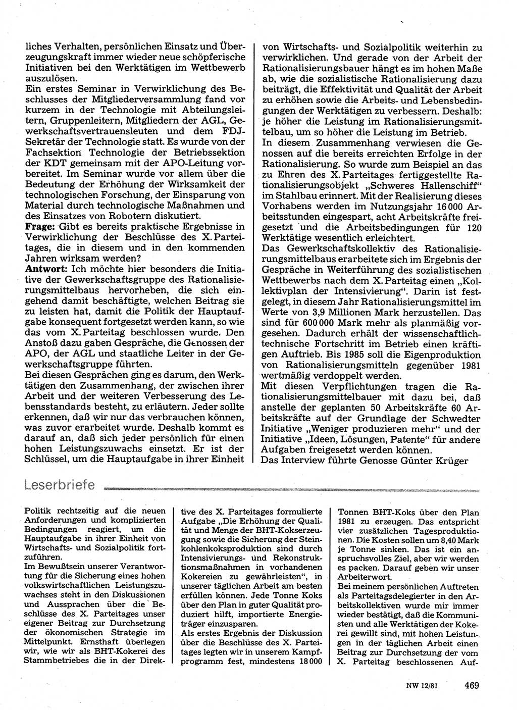 Neuer Weg (NW), Organ des Zentralkomitees (ZK) der SED (Sozialistische Einheitspartei Deutschlands) für Fragen des Parteilebens, 36. Jahrgang [Deutsche Demokratische Republik (DDR)] 1981, Seite 469 (NW ZK SED DDR 1981, S. 469)
