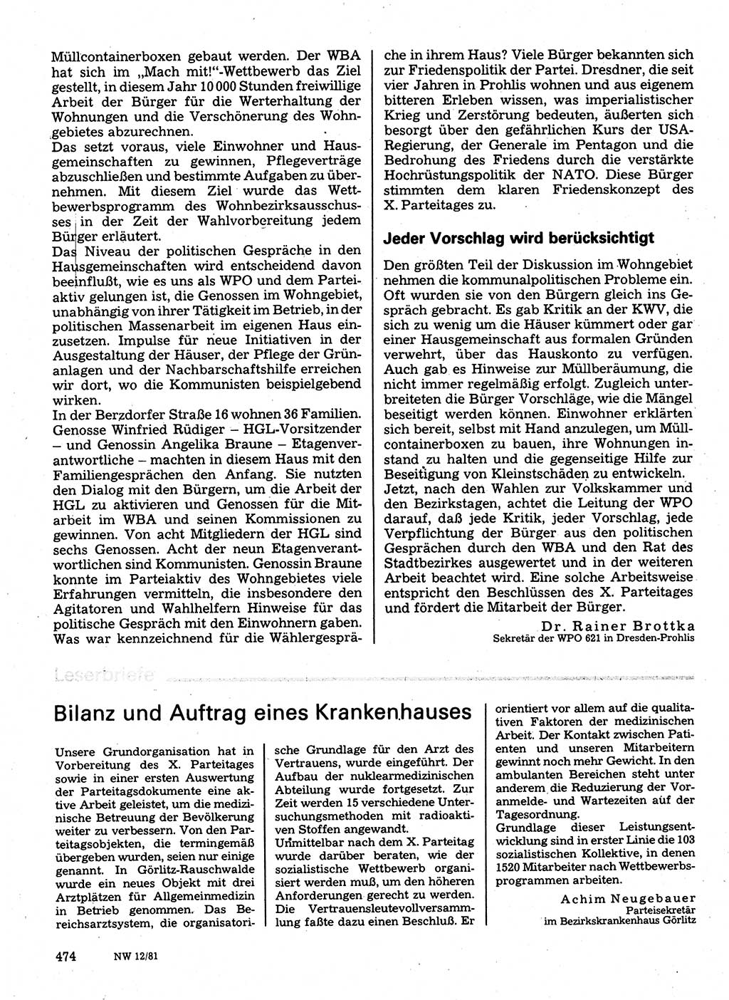 Neuer Weg (NW), Organ des Zentralkomitees (ZK) der SED (Sozialistische Einheitspartei Deutschlands) für Fragen des Parteilebens, 36. Jahrgang [Deutsche Demokratische Republik (DDR)] 1981, Seite 474 (NW ZK SED DDR 1981, S. 474)