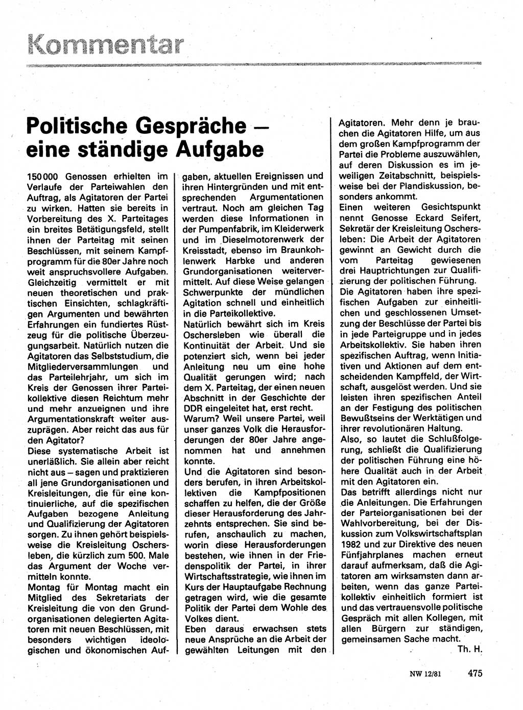 Neuer Weg (NW), Organ des Zentralkomitees (ZK) der SED (Sozialistische Einheitspartei Deutschlands) für Fragen des Parteilebens, 36. Jahrgang [Deutsche Demokratische Republik (DDR)] 1981, Seite 475 (NW ZK SED DDR 1981, S. 475)