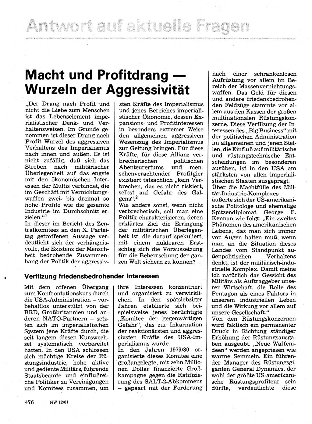Neuer Weg (NW), Organ des Zentralkomitees (ZK) der SED (Sozialistische Einheitspartei Deutschlands) für Fragen des Parteilebens, 36. Jahrgang [Deutsche Demokratische Republik (DDR)] 1981, Seite 476 (NW ZK SED DDR 1981, S. 476)