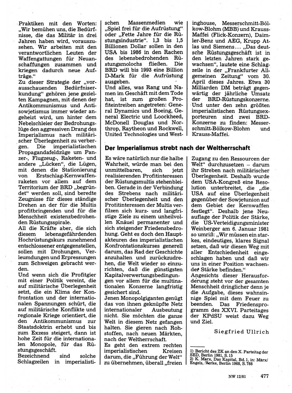 Neuer Weg (NW), Organ des Zentralkomitees (ZK) der SED (Sozialistische Einheitspartei Deutschlands) für Fragen des Parteilebens, 36. Jahrgang [Deutsche Demokratische Republik (DDR)] 1981, Seite 477 (NW ZK SED DDR 1981, S. 477)