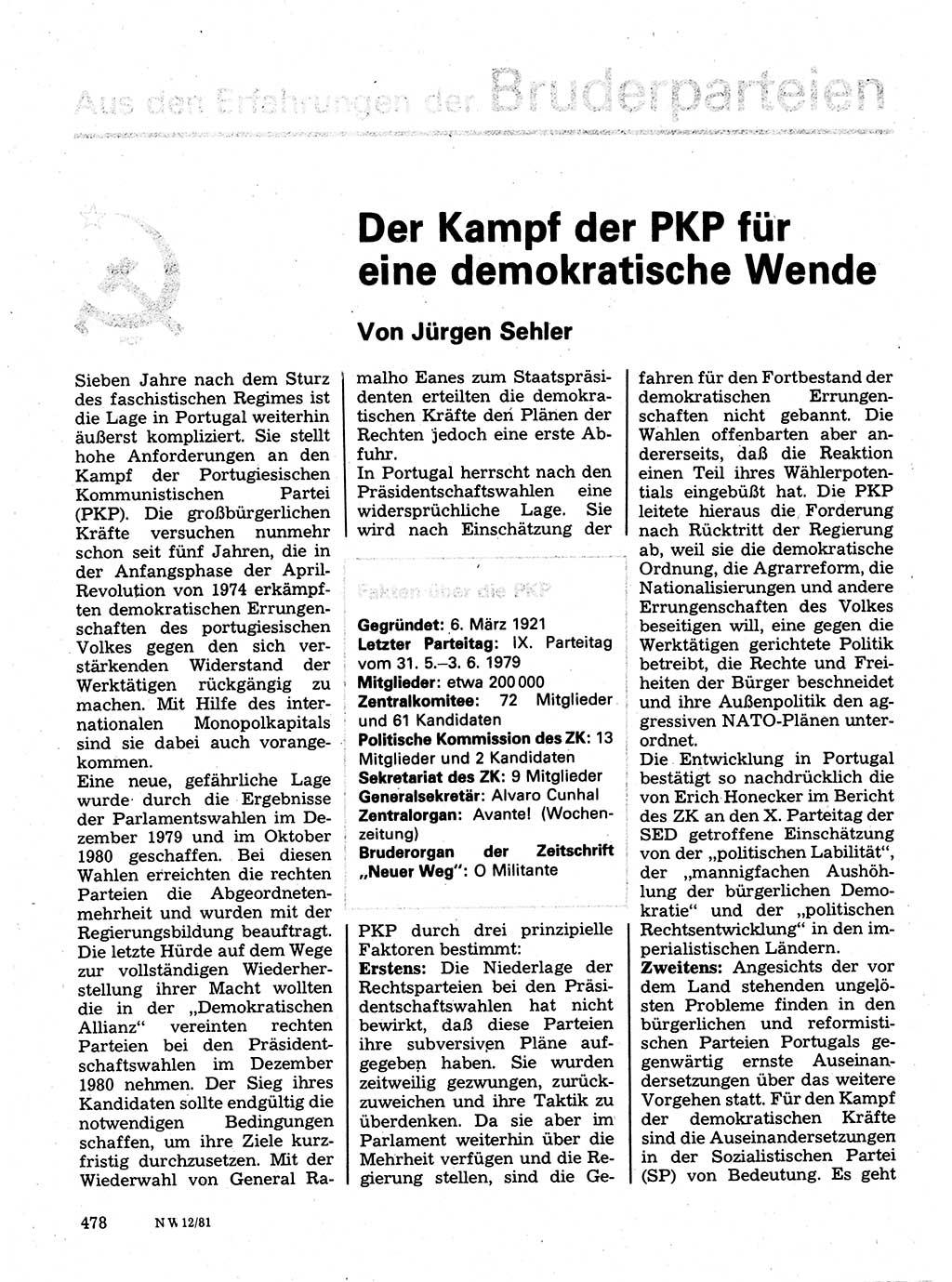 Neuer Weg (NW), Organ des Zentralkomitees (ZK) der SED (Sozialistische Einheitspartei Deutschlands) für Fragen des Parteilebens, 36. Jahrgang [Deutsche Demokratische Republik (DDR)] 1981, Seite 478 (NW ZK SED DDR 1981, S. 478)