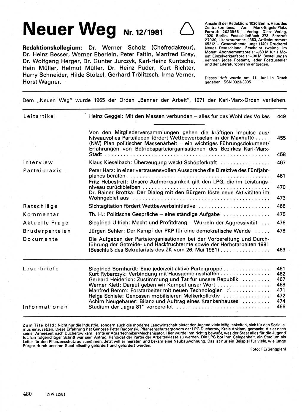 Neuer Weg (NW), Organ des Zentralkomitees (ZK) der SED (Sozialistische Einheitspartei Deutschlands) für Fragen des Parteilebens, 36. Jahrgang [Deutsche Demokratische Republik (DDR)] 1981, Seite 480 (NW ZK SED DDR 1981, S. 480)