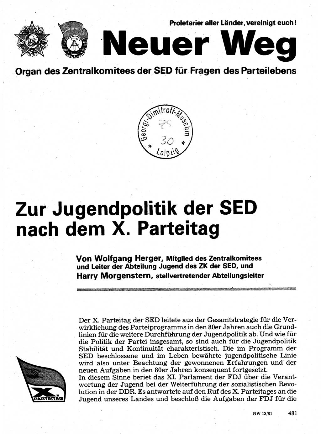Neuer Weg (NW), Organ des Zentralkomitees (ZK) der SED (Sozialistische Einheitspartei Deutschlands) für Fragen des Parteilebens, 36. Jahrgang [Deutsche Demokratische Republik (DDR)] 1981, Seite 481 (NW ZK SED DDR 1981, S. 481)