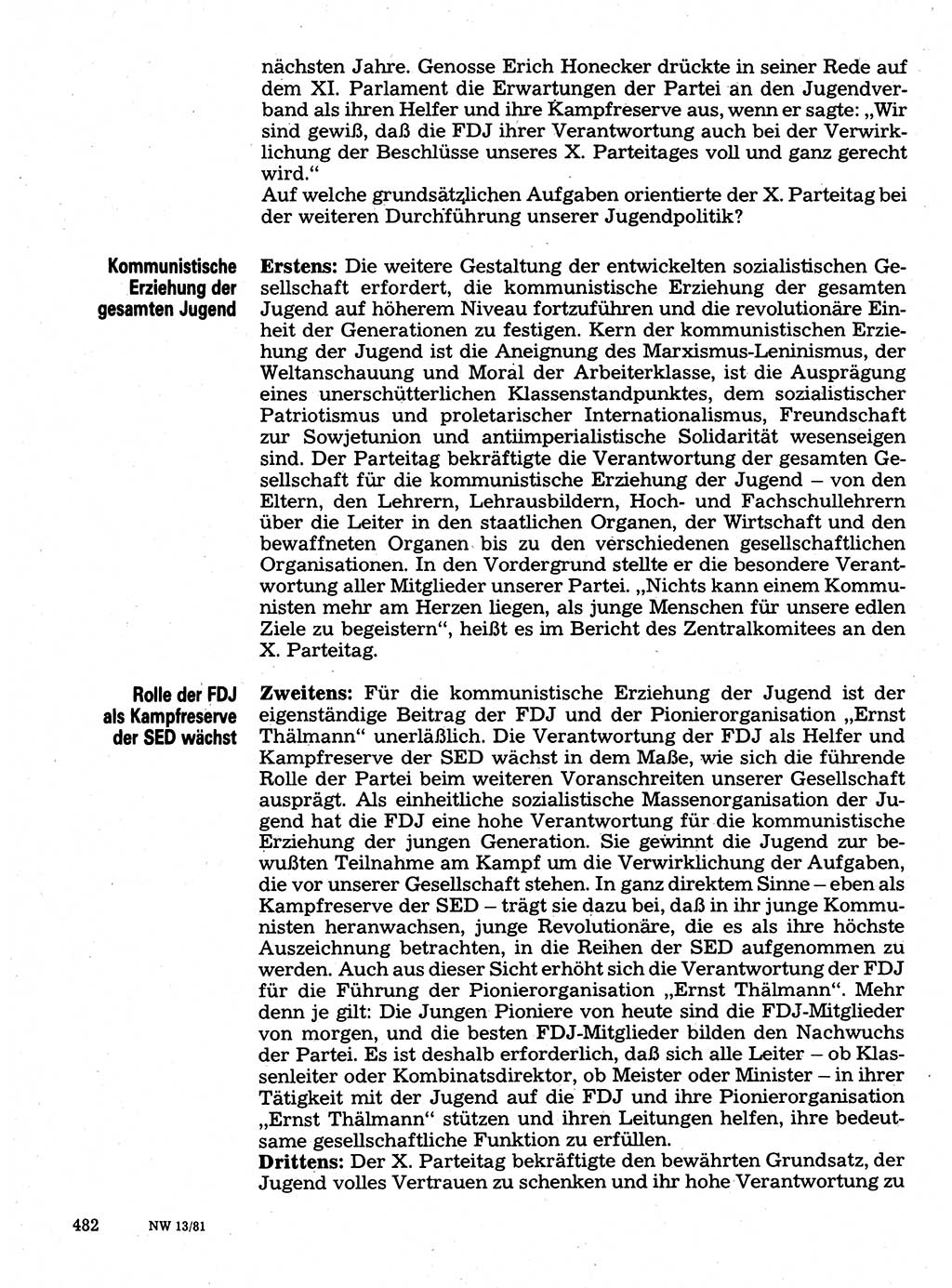 Neuer Weg (NW), Organ des Zentralkomitees (ZK) der SED (Sozialistische Einheitspartei Deutschlands) für Fragen des Parteilebens, 36. Jahrgang [Deutsche Demokratische Republik (DDR)] 1981, Seite 482 (NW ZK SED DDR 1981, S. 482)