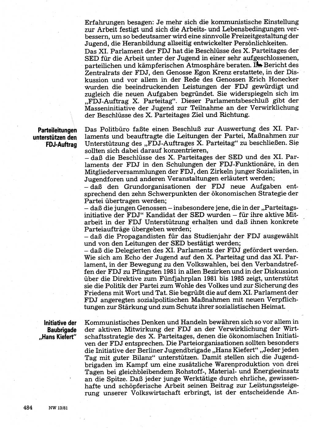 Neuer Weg (NW), Organ des Zentralkomitees (ZK) der SED (Sozialistische Einheitspartei Deutschlands) für Fragen des Parteilebens, 36. Jahrgang [Deutsche Demokratische Republik (DDR)] 1981, Seite 484 (NW ZK SED DDR 1981, S. 484)